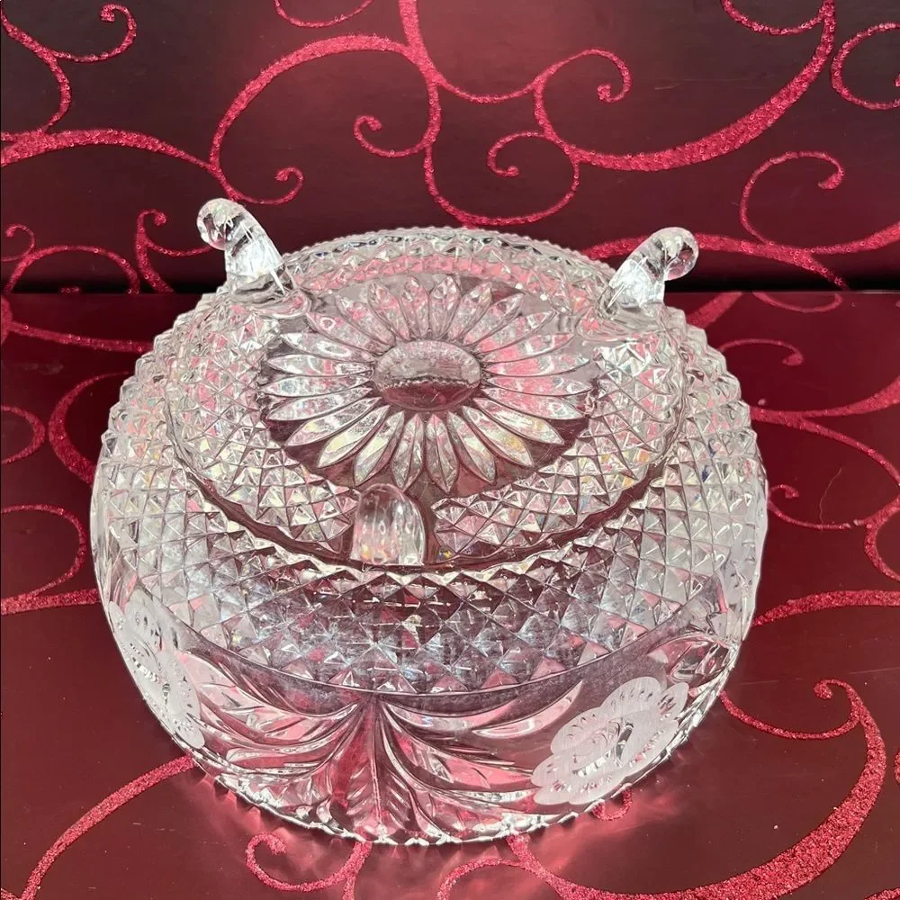 Vintage Cut Crystal Glass Footed Bowl Etched Flower on Sides Very Heavy